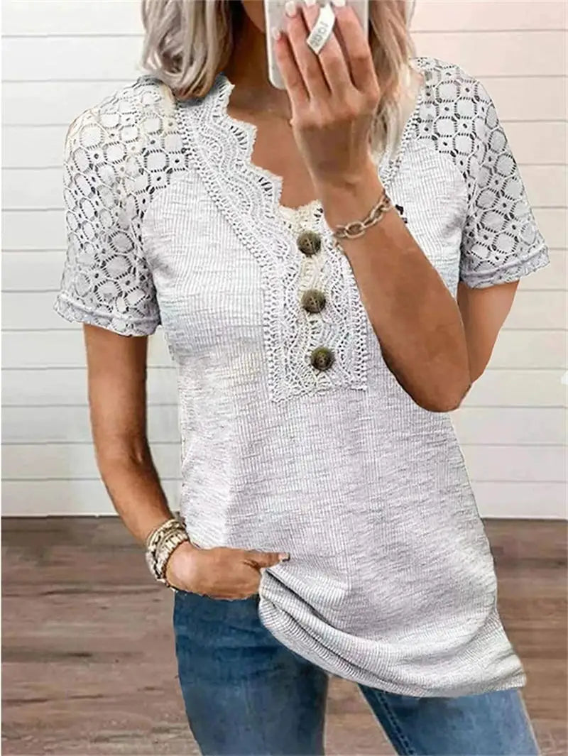 Maglietta da donna Chandy con dettagli in pizzo - Manica corta in cotone leggero per primavera ed estate