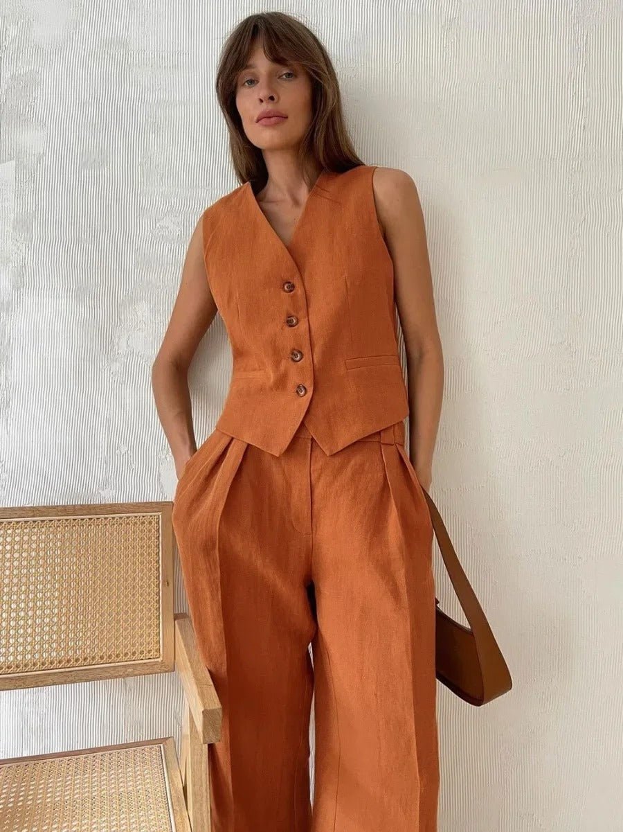 Completo in lino da donna Freya - Coordinato estivo con gilet senza maniche e pantaloni a gamba larga in stile naturale