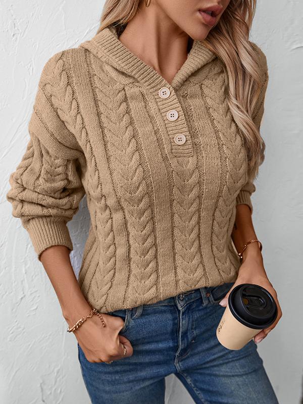 Fatima Pull Femme – Pull Tricoté Vintage à Capuche & Col Boutonné Douillet pour Automne/Hiver