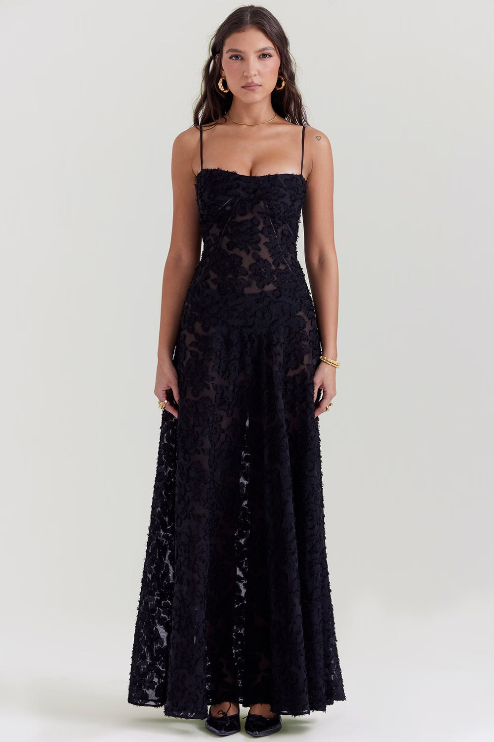 Kandace Robe Longue Femme – Robe en Dentelle Scintillante avec Bretelles Réglables & Bonnets Intégrés