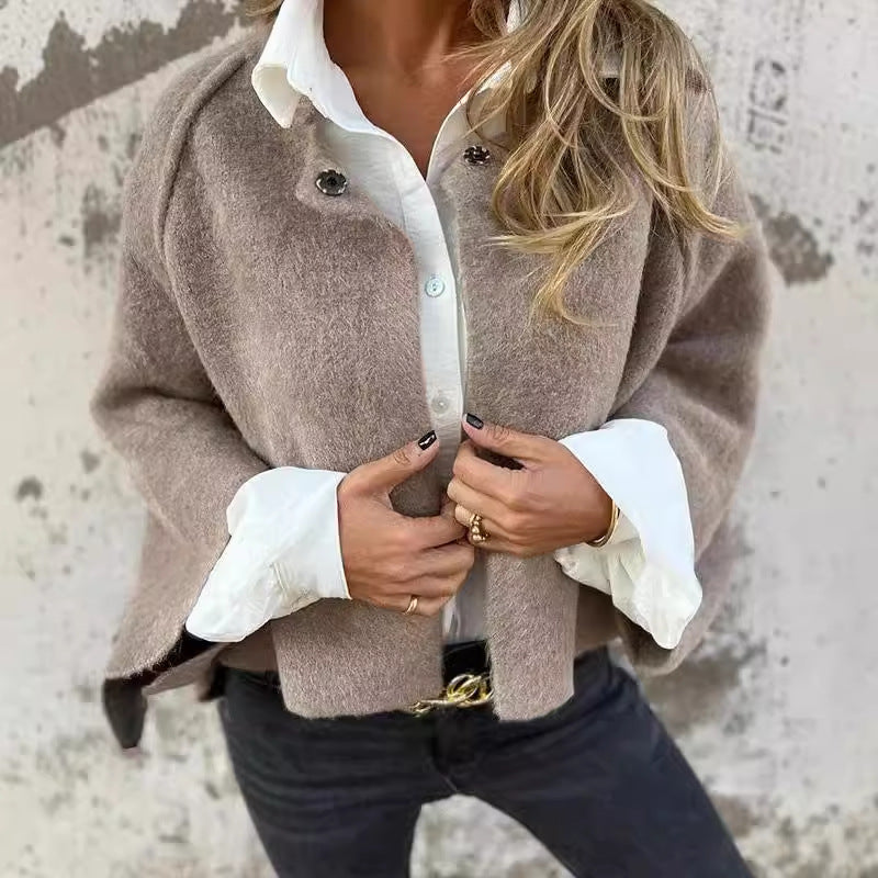 Isabella Manteau Femme – Court, Chic en Cachemire Mélangé avec Boutons-Pression Élégants