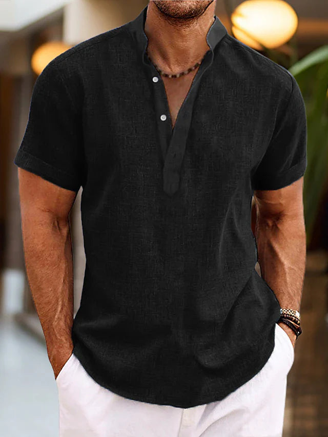 Camicia in lino da uomo Silas - Camicia estiva traspirante con collo Henley e maniche corte