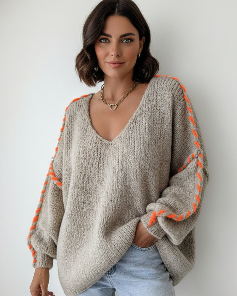 Sophie naisten V-kaula-aukkoinen neulepaita – väljä pitkähihainen neulepaita tyylikkäällä kuviolla