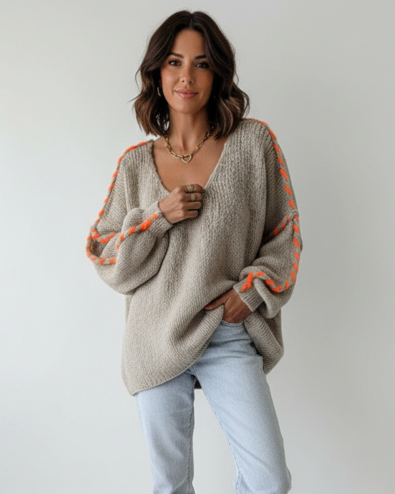 Софі жіночий светр з V-подібним вирізом – вільний светр з довгими рукавами та вишуканим візерунком