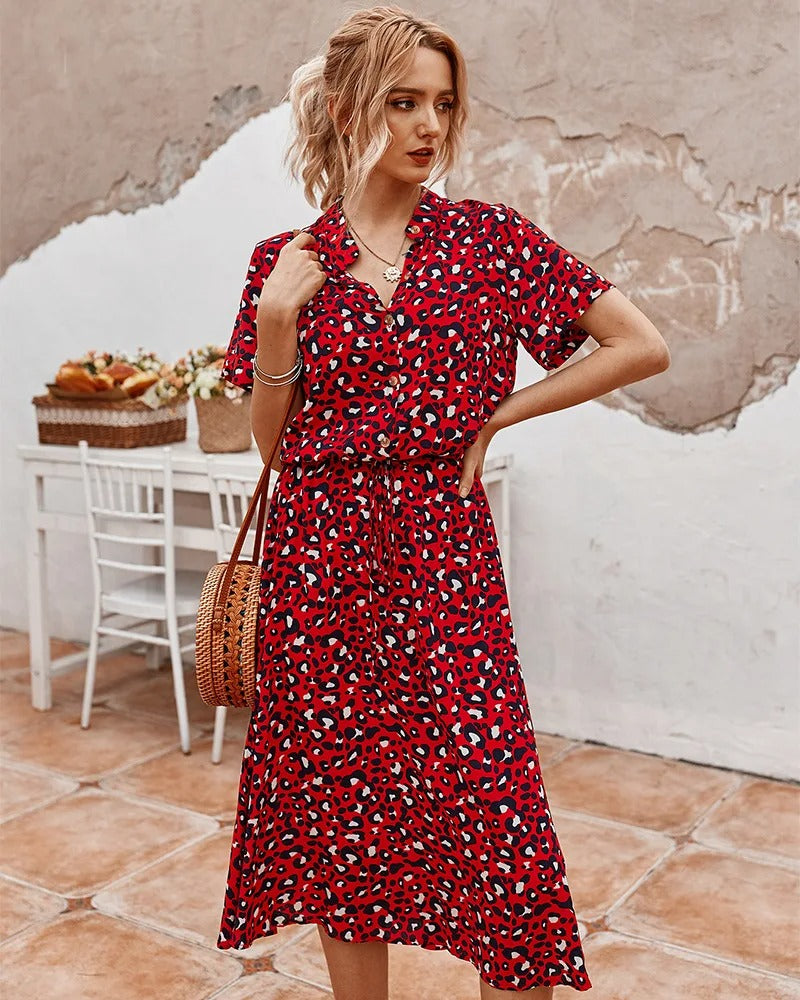 Abito estivo da donna Ulvienne - Abito midi a maniche corte con cintura in vita e stampa alla moda