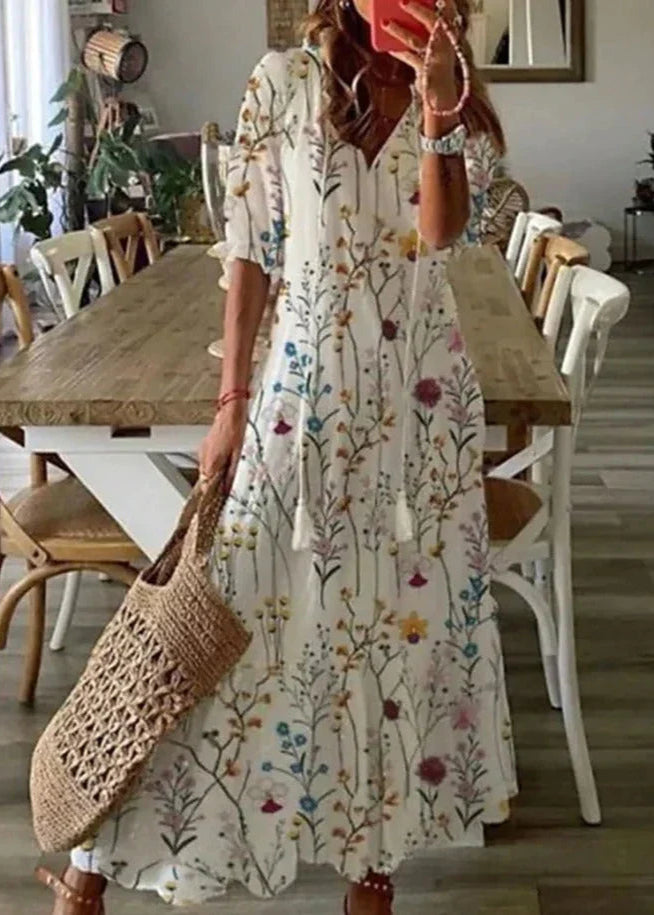 Abito estivo da donna Kasey - Abito lungo leggero con stampa floreale, cintura in vita e maniche di media lunghezza