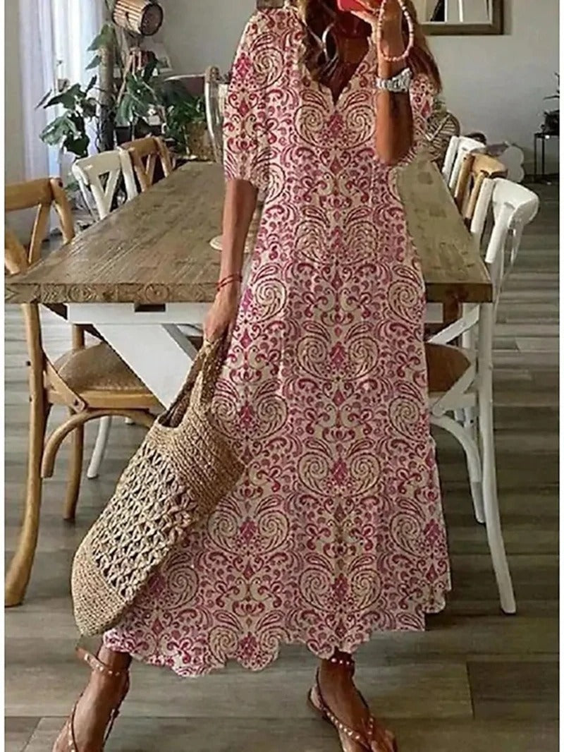 Abito lungo da donna Bettina - Abito estivo bohémien con coulisse in vita e vestibilità ariosa
