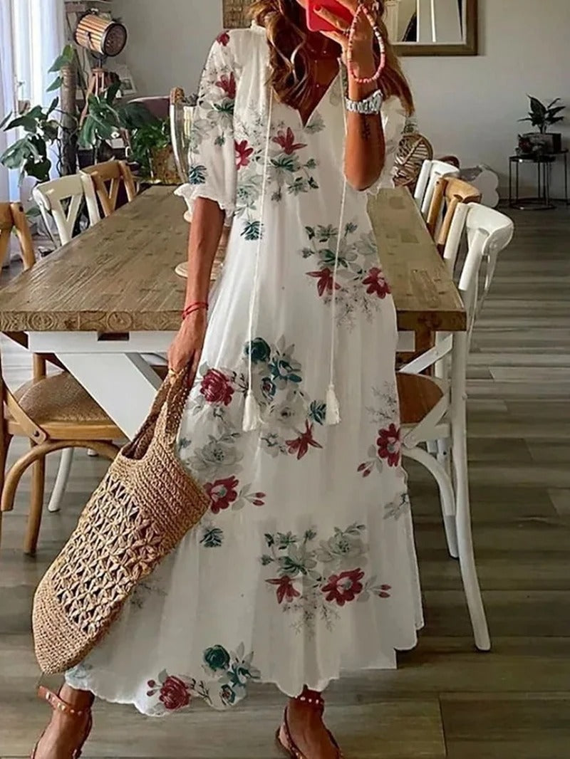 Abito lungo da donna Bettina - Abito estivo bohémien con coulisse in vita e vestibilità ariosa