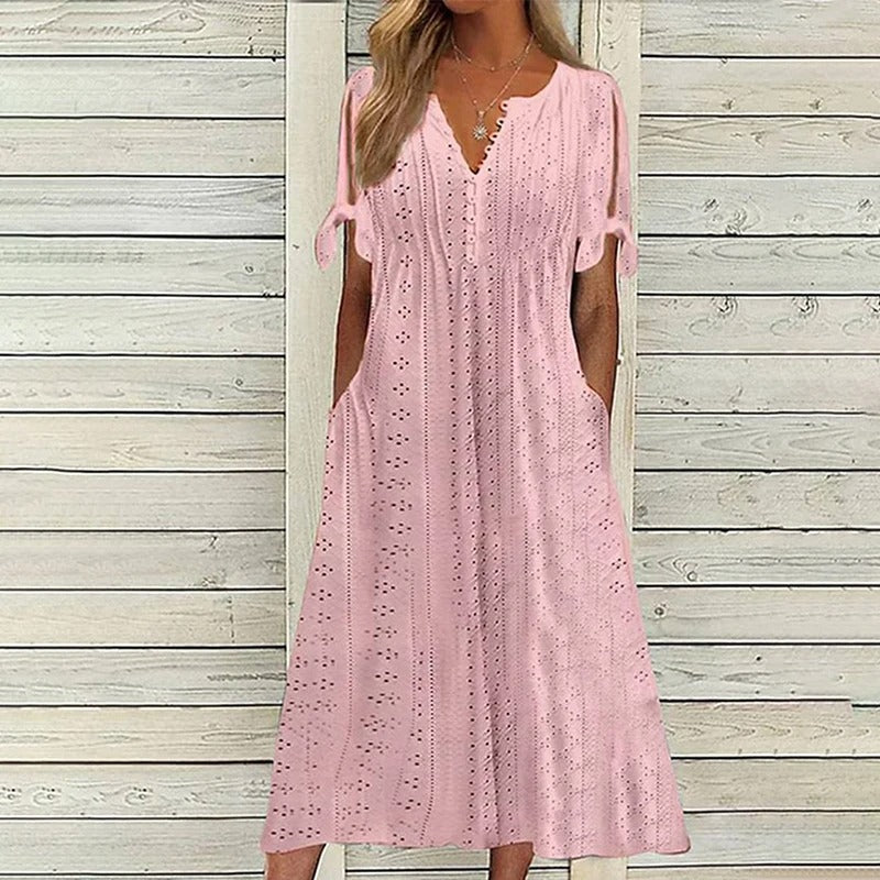 Abito midi estivo da donna Mariah - Elegante abito con scollo a V in leggero pizzo sangallo