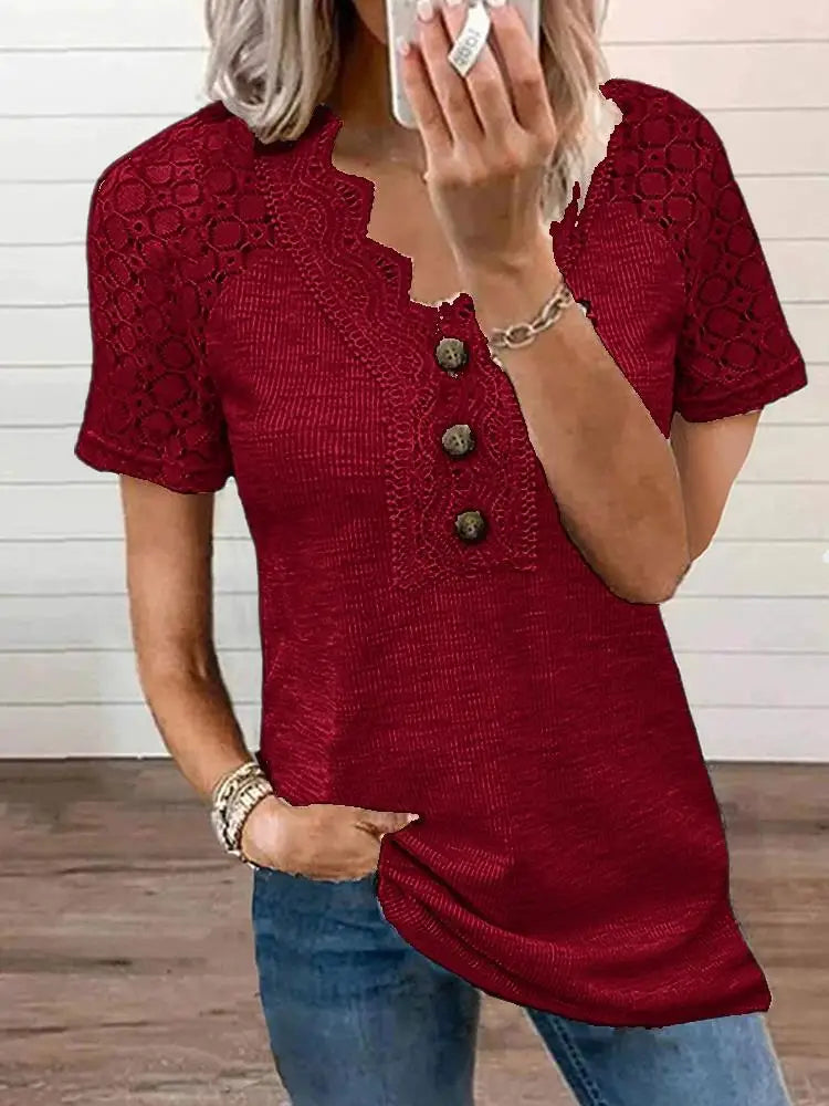 Maglietta da donna Chandy con dettagli in pizzo - Manica corta in cotone leggero per primavera ed estate