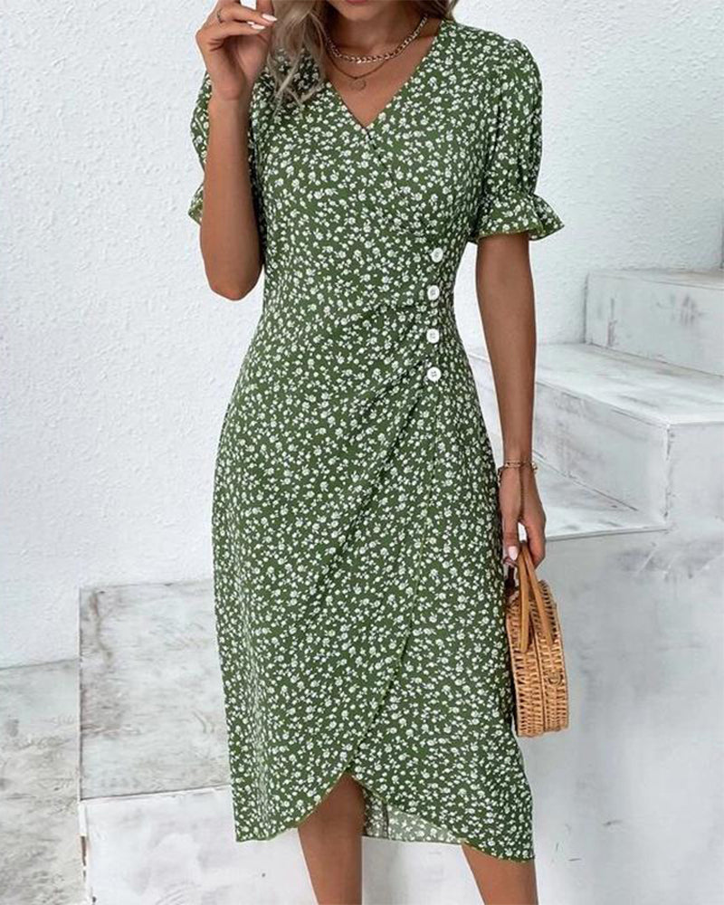 Abito estivo da donna Quincy - Abito floreale a maniche corte con elegante chiusura a bottoni