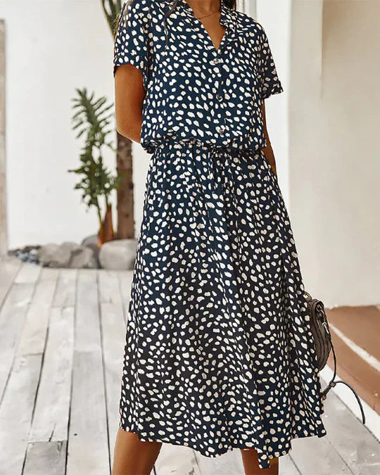 Abito midi da donna Genevieve - Stampa a pois con vita stretta per eventi casual e diurni