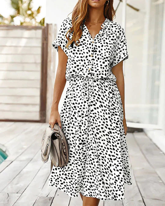 Abito midi da donna Genevieve - Stampa a pois con vita stretta per eventi casual e diurni