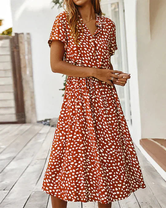 Abito midi da donna Genevieve - Stampa a pois con vita stretta per eventi casual e diurni