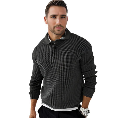 Carlo Pull Homme – Polo Tricoté Élégant avec Col Boutonné & Motif Côtelé Moderne