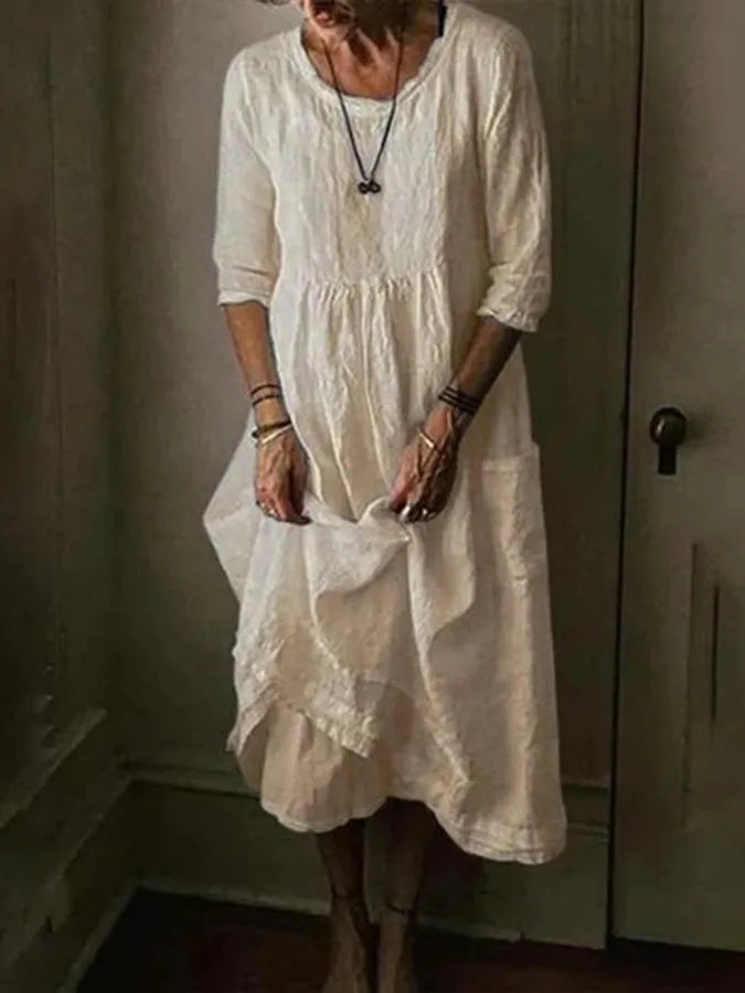 Abito lungo da donna Félesca - Misto cotone e lino leggero, scollo tondo e maniche corte
