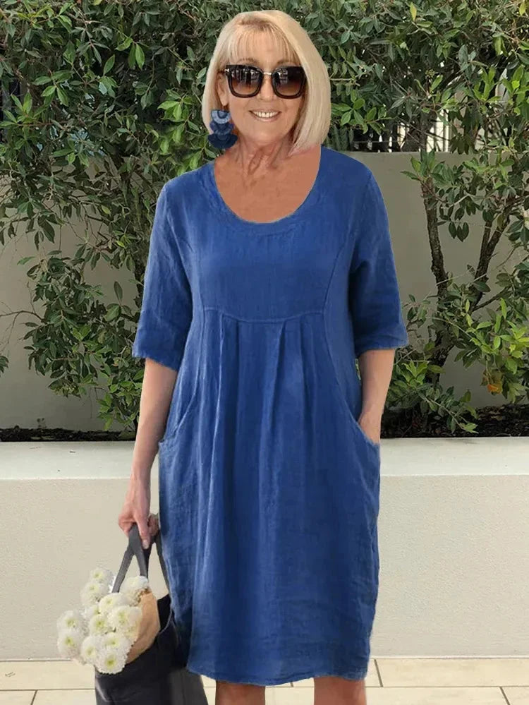 Abito da donna Dorothy - Tunica midi in cotone e lino con tasche pratiche e stile casual
