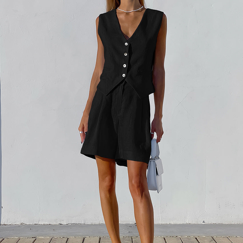 Completo in lino da donna Scarlet - Completo estivo minimalista con gilet e pantaloncini in stile casual chic