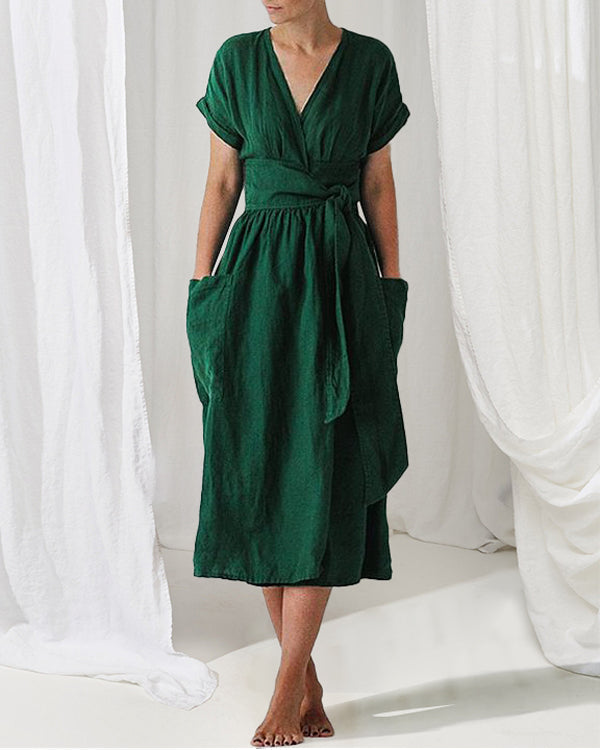 Abito in lino da donna Savannah - Abito avvolgente a maniche corte con vestibilità elegante e rilassata