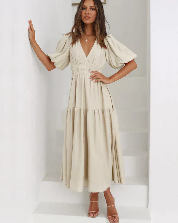 Abiah Robe Midi Femme – Élégante avec Manches Bouffantes & Style Féminin Raffiné