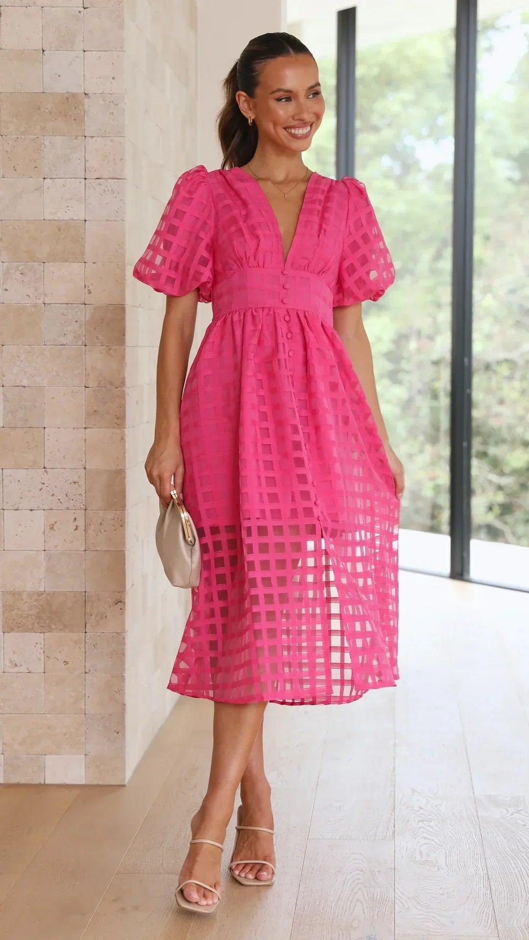 Abito midi da donna Mylene - Elegante abito a quadri con volume e colori vivaci