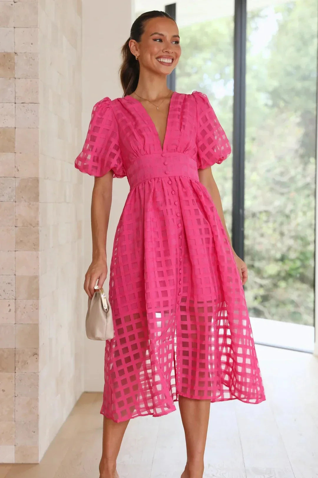 Abito midi da donna Mylene - Elegante abito a quadri con volume e colori vivaci