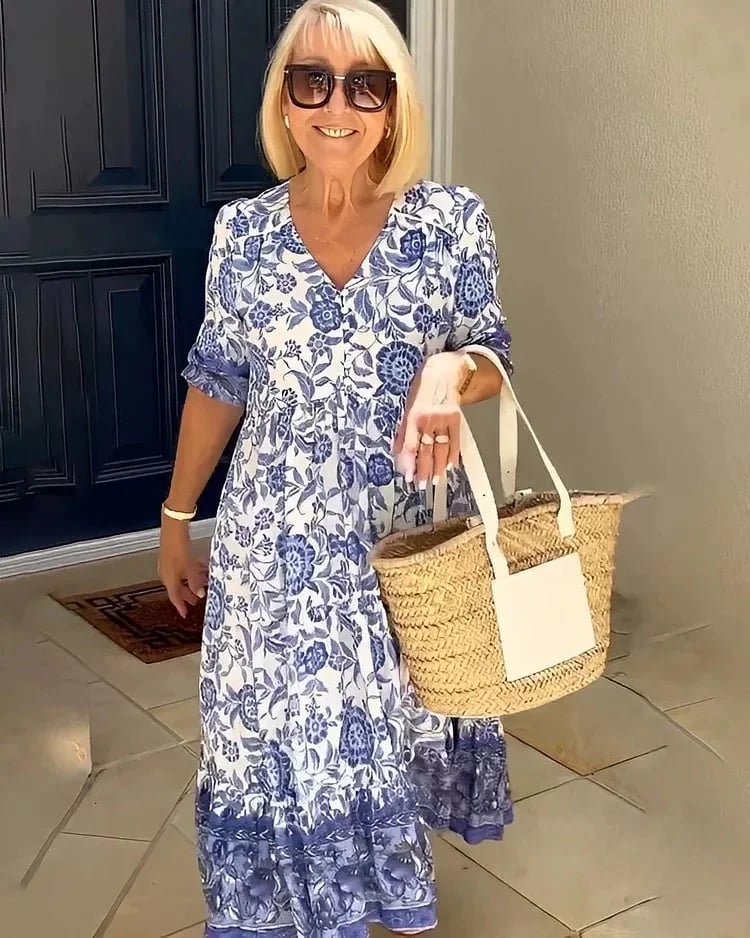 Abito lungo da donna Floresia - Elegante e comodo abito floreale con scollo a V per l'estate