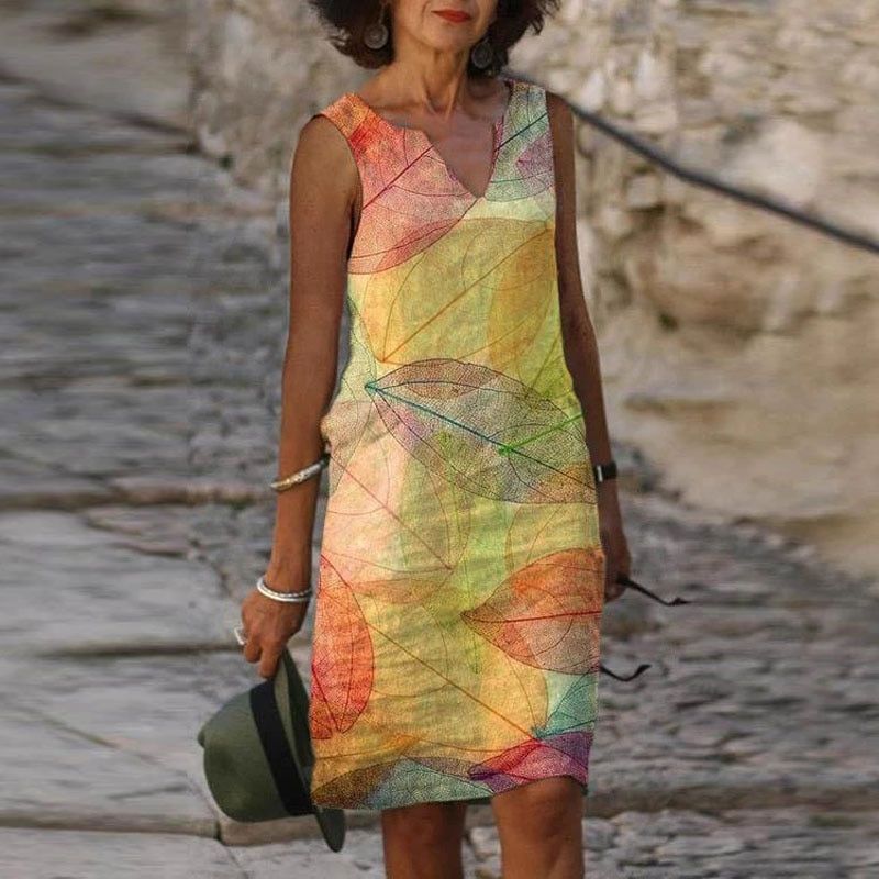 Abito estivo da donna Liorah – Abito senza maniche con stampa autunnale, scollo a V ed elegante vestibilità a trapezio
