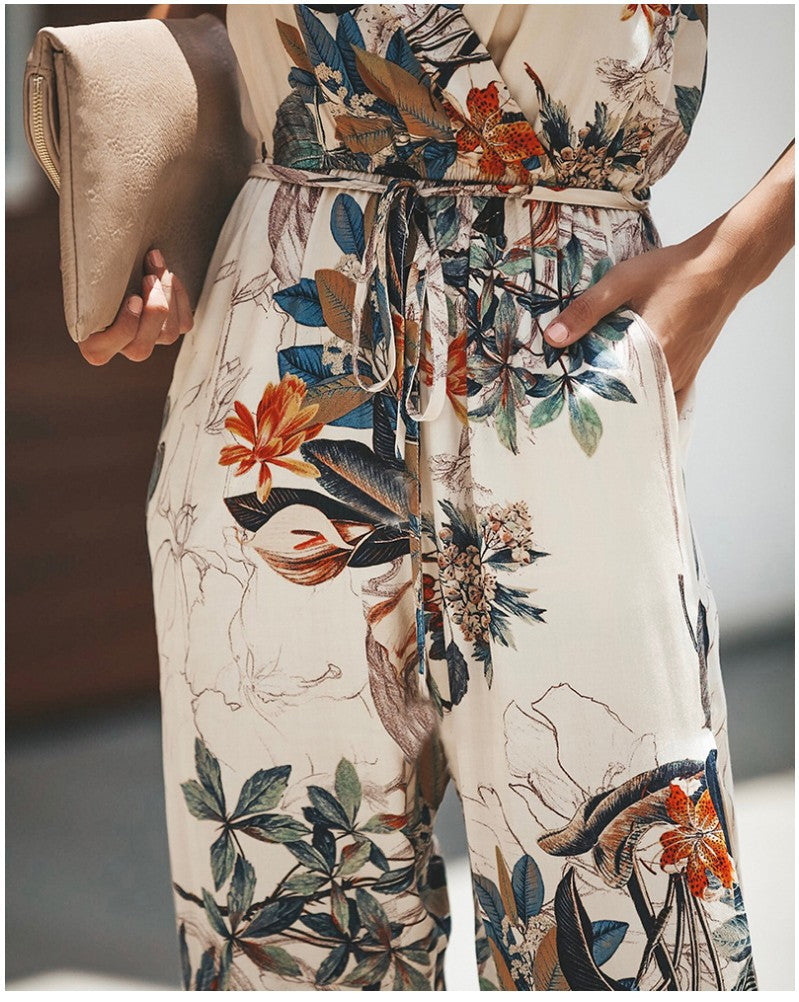 Tuta da donna con stampa floreale - Completo estivo in cotone con stampa floreale, spalline regolabili e vestibilità comoda