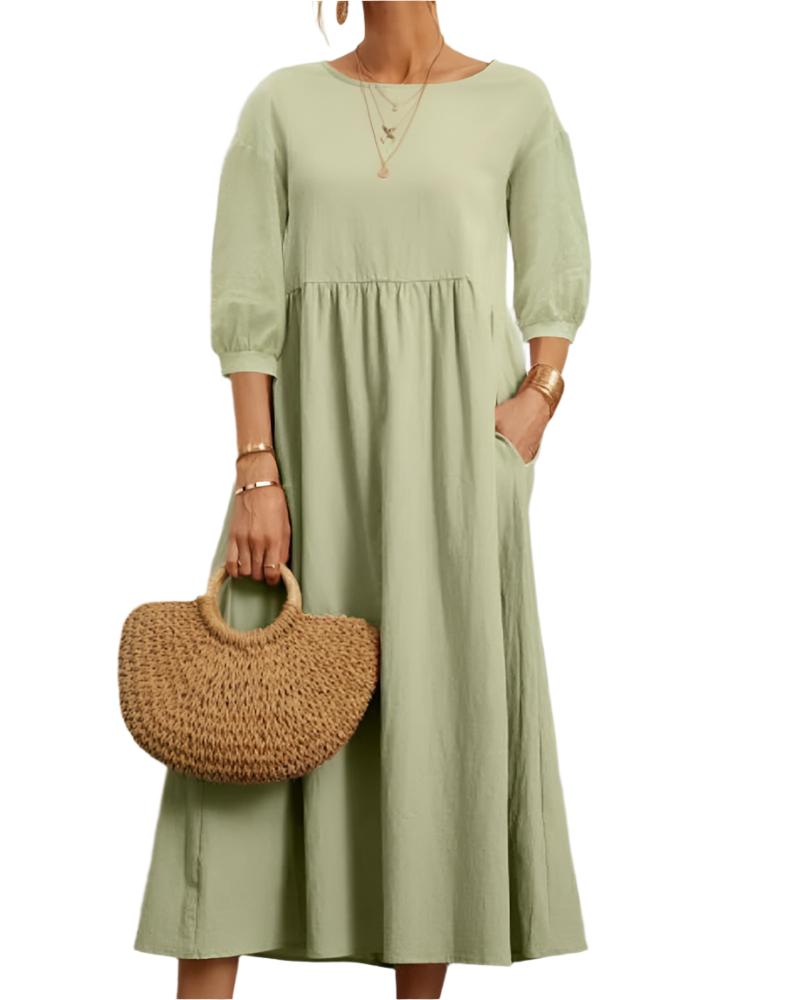 Abito midi da donna Flore - Cotone e lino traspirante, scollo rotondo, maniche a lanterna, comfort estivo 