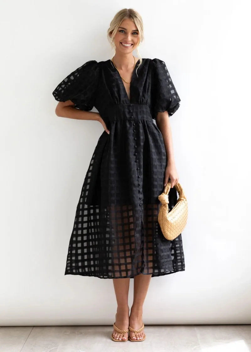 Abito midi da donna Mylene - Elegante abito a quadri con volume e colori vivaci