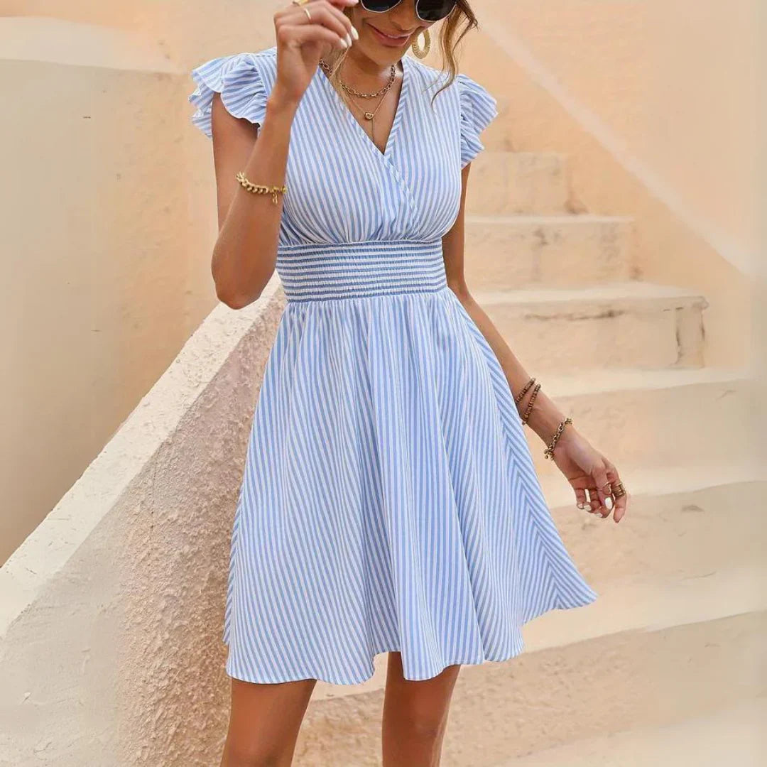Ailani Robe Femme – Robe Rayée Élégante avec Manches à Volants & Coupe Féminine d’Été