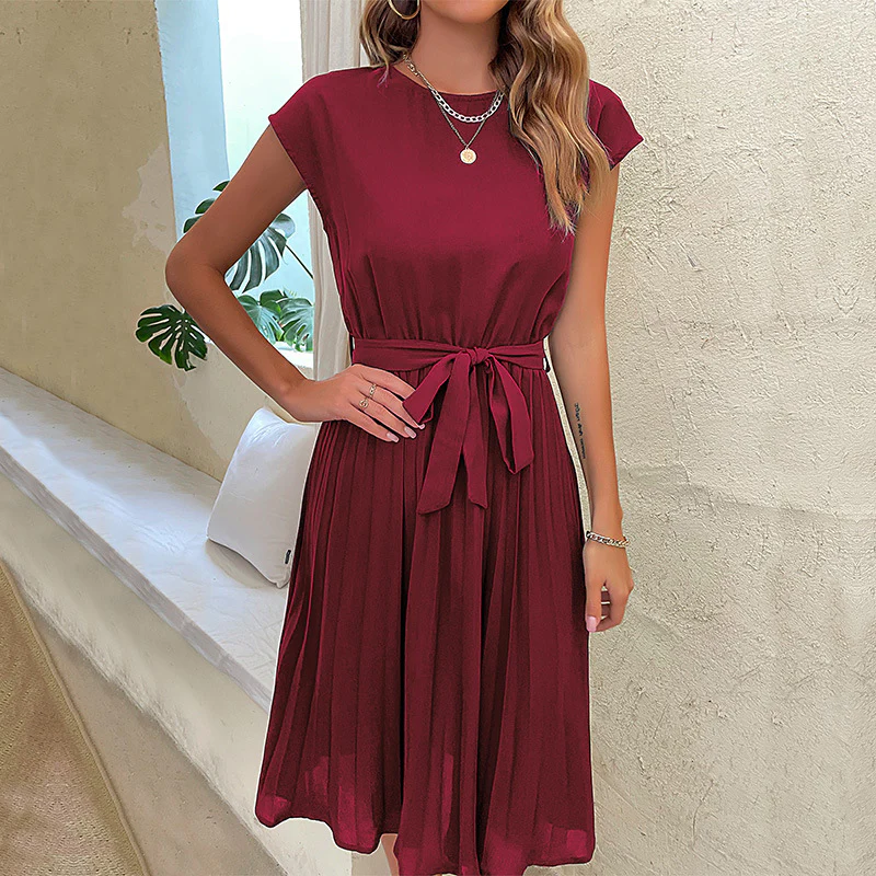 Abito da donna Carmen A-line - Abito lungo fino al ginocchio con pieghe strutturate e scollo rotondo per l'ufficio