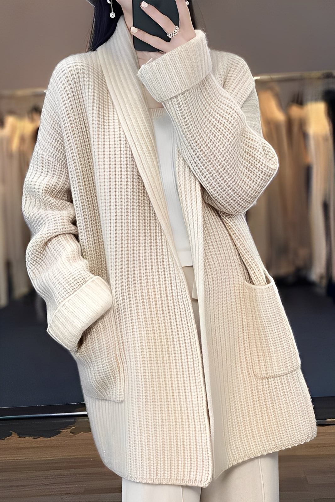 Esther – Dlouhá otevřená vesta pro ženy – Měkká a elegantní pletenina s volným střihem pro každodenní a neformální outfity