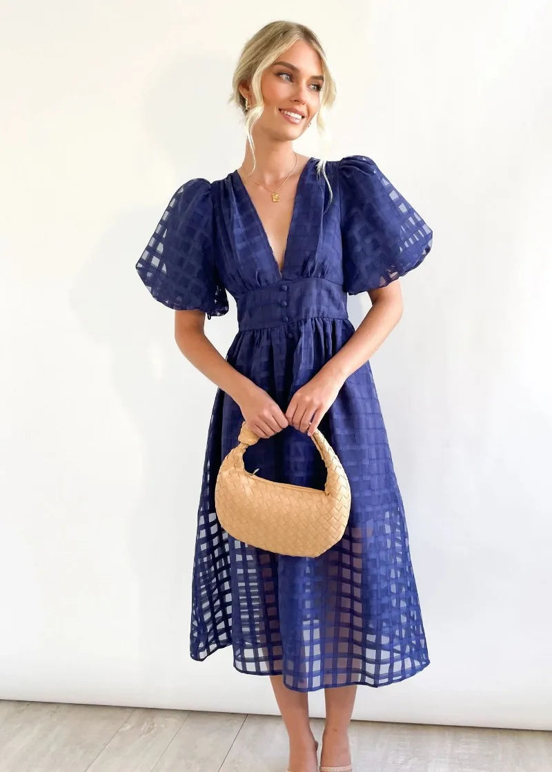 Abito midi da donna Mylene - Elegante abito a quadri con volume e colori vivaci