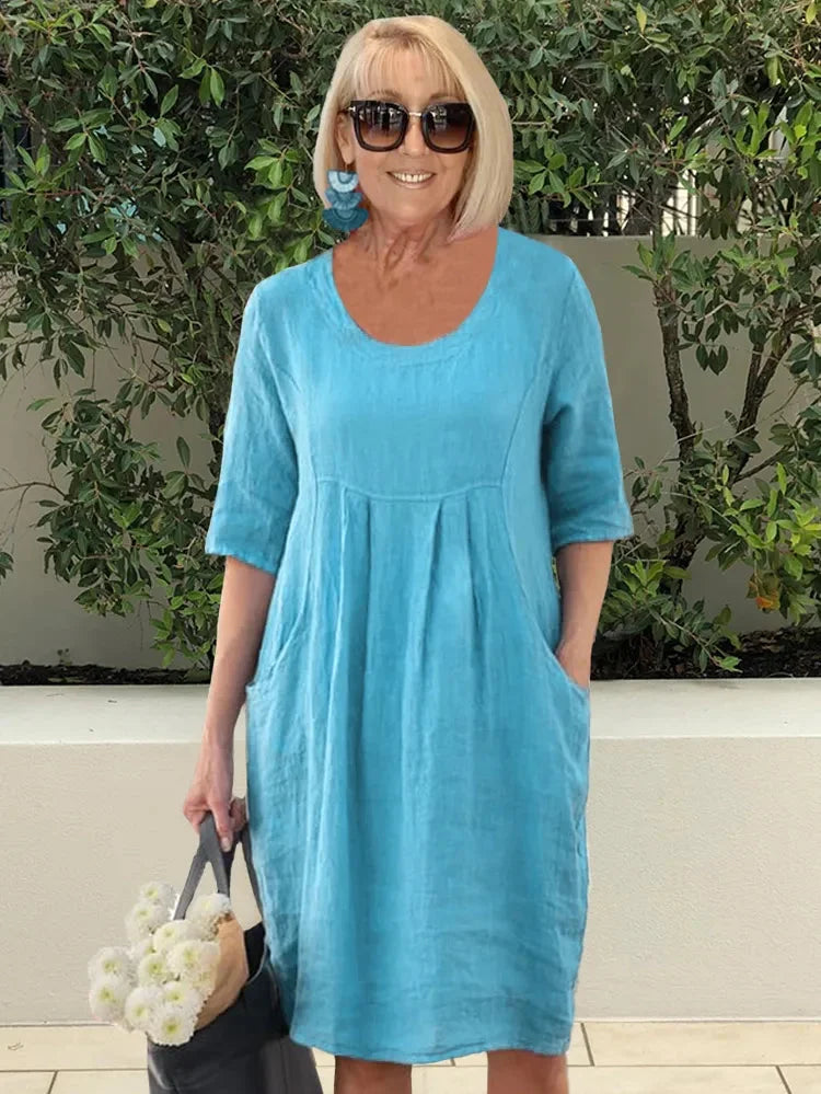 Abito da donna Dorothy - Tunica midi in cotone e lino con tasche pratiche e stile casual