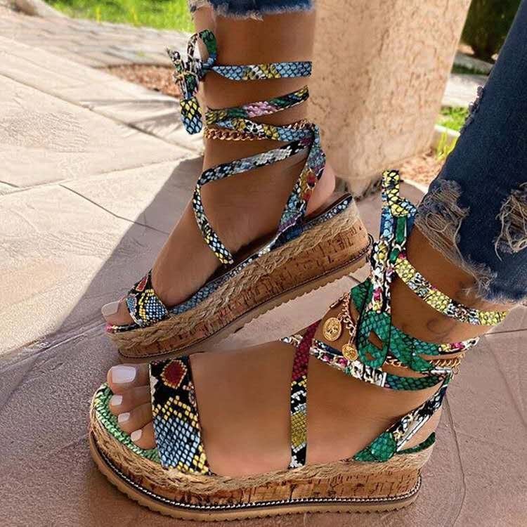 Sandali con zeppa da donna Talia - Sandali estivi comodi con lacci e plateau 