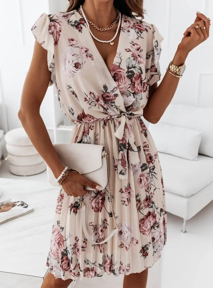 Abito estivo da donna Stephanie - Abito plissettato senza maniche con stampa floreale e vita alta per un comfort elegante 