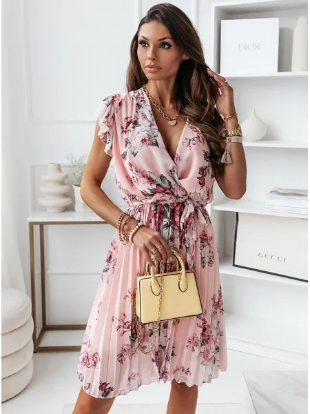 Abito estivo da donna Stephanie - Abito plissettato senza maniche con stampa floreale e vita alta per un comfort elegante 
