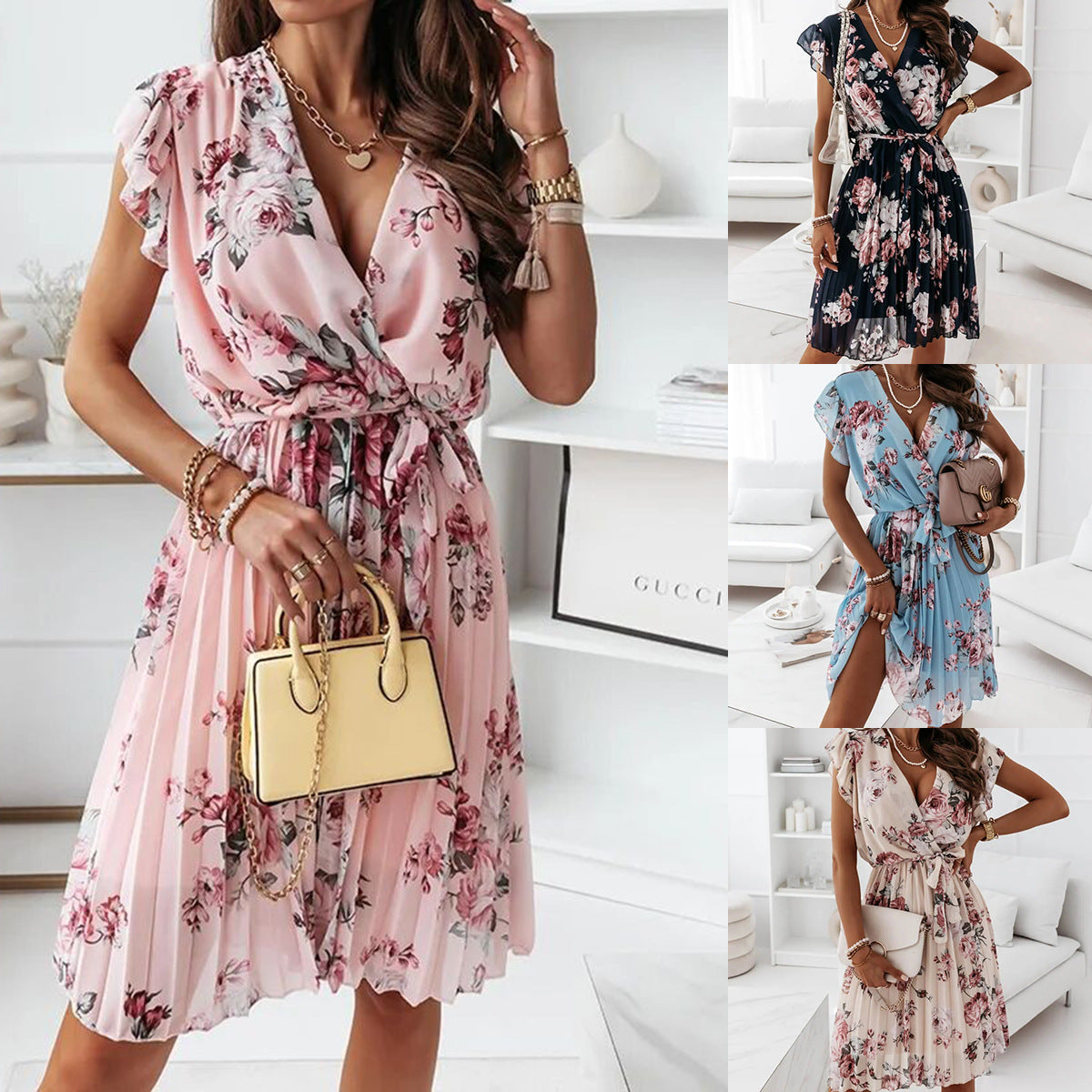 Abito estivo da donna Stephanie - Abito plissettato senza maniche con stampa floreale e vita alta per un comfort elegante 
