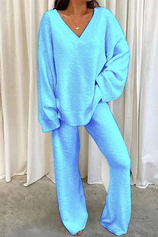 Rivka Ensemble Femme – Tenue Lounge Oversize avec Pull à Col V & Pantalon Large Confortable