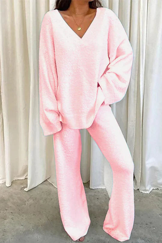 Rivka Ensemble Femme – Tenue Lounge Oversize avec Pull à Col V & Pantalon Large Confortable