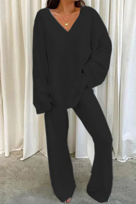 Rivka Ensemble Femme – Tenue Lounge Oversize avec Pull à Col V & Pantalon Large Confortable