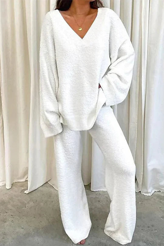Rivka Ensemble Femme – Tenue Lounge Oversize avec Pull à Col V & Pantalon Large Confortable
