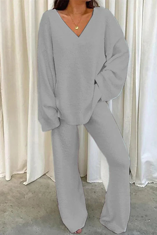 Rivka Ensemble Femme – Tenue Lounge Oversize avec Pull à Col V & Pantalon Large Confortable