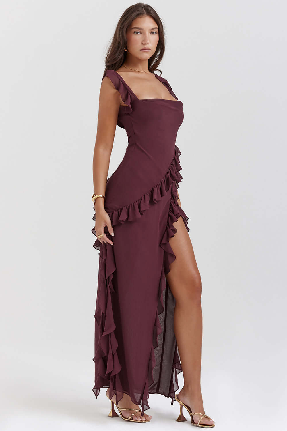 Agathe Robe Longue Femme – Robe Élégante en Georgette avec Col Bénitier & Fente Haute Chic