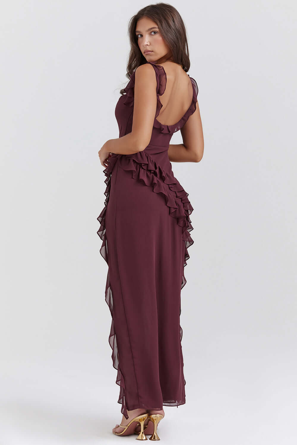 Agathe Robe Longue Femme – Robe Élégante en Georgette avec Col Bénitier & Fente Haute Chic