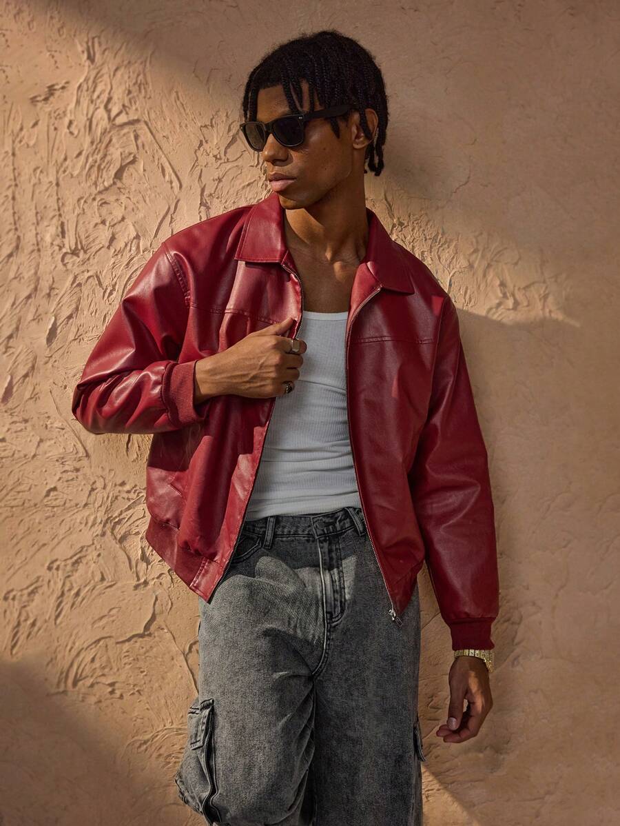 Vince Veste Homme Similicuir Rouge – Veste Zippée Moderne à Épaules Tombantes Style Urbain