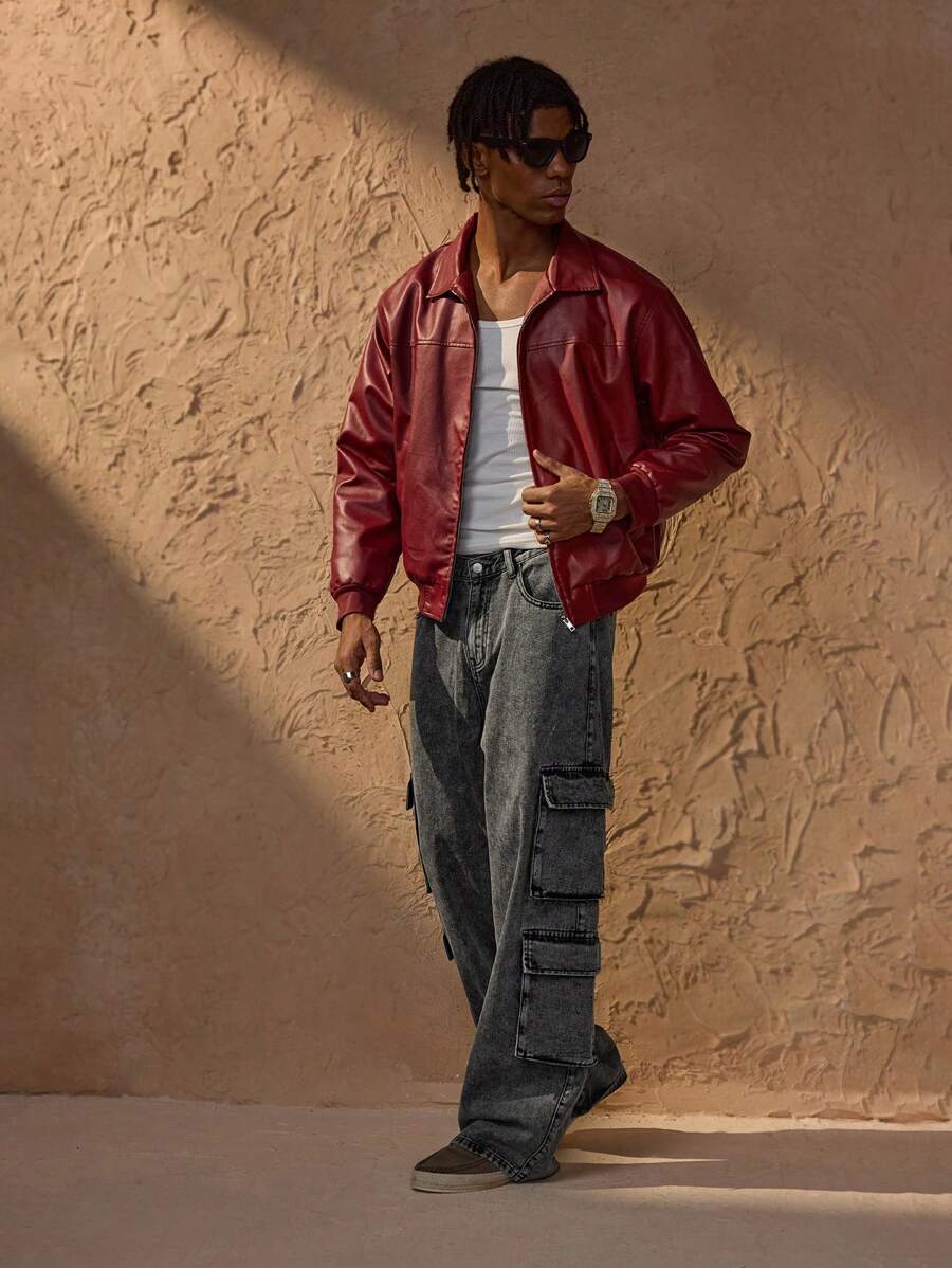 Vince Veste Homme Similicuir Rouge – Veste Zippée Moderne à Épaules Tombantes Style Urbain