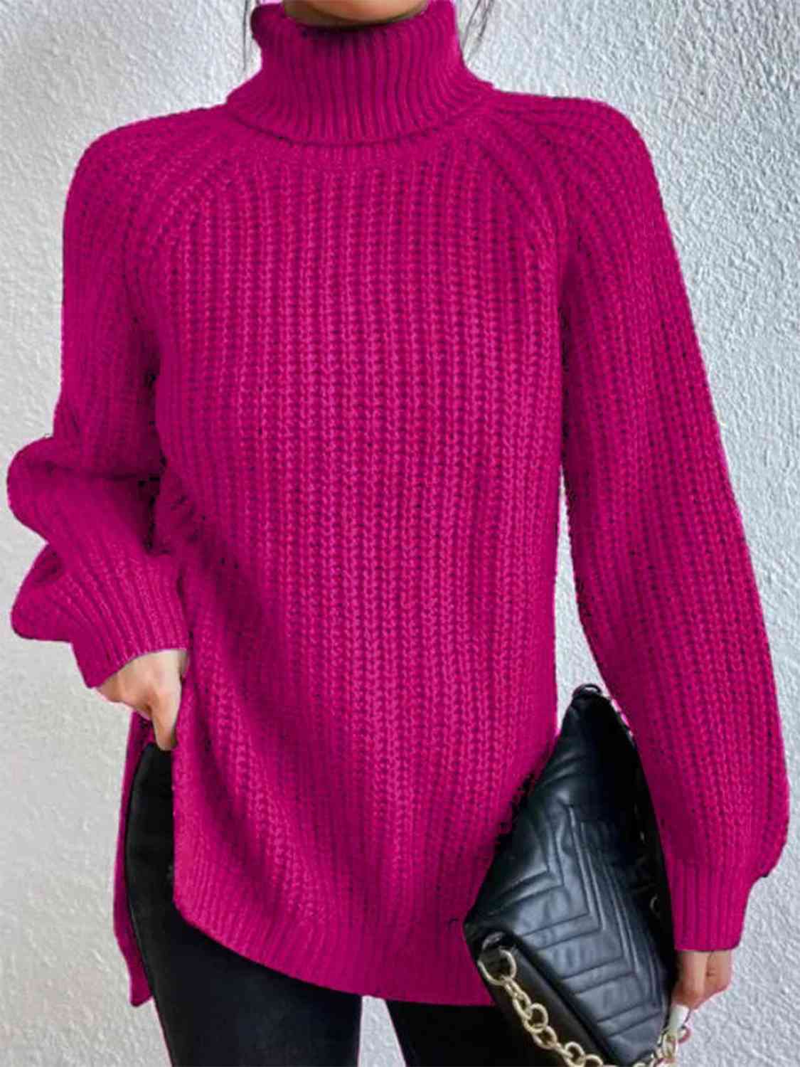 Angela Pull Femme – Pull à Col Roulé Côtelé avec Fente Latérale Chic pour Automne/Hiver Élégant